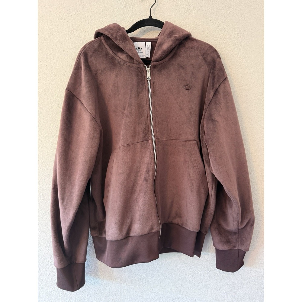 Adidas Men's Full Zip Hooded Velour Mink Brown Heavy Weight Size Large
